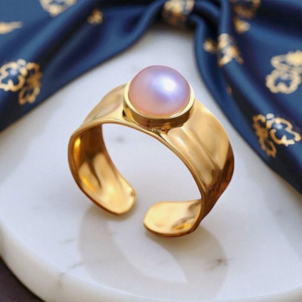Celestial Statement Ring 18K Gold Plated Adjustable with Faux Pearl Glow - Picture 12 of 12